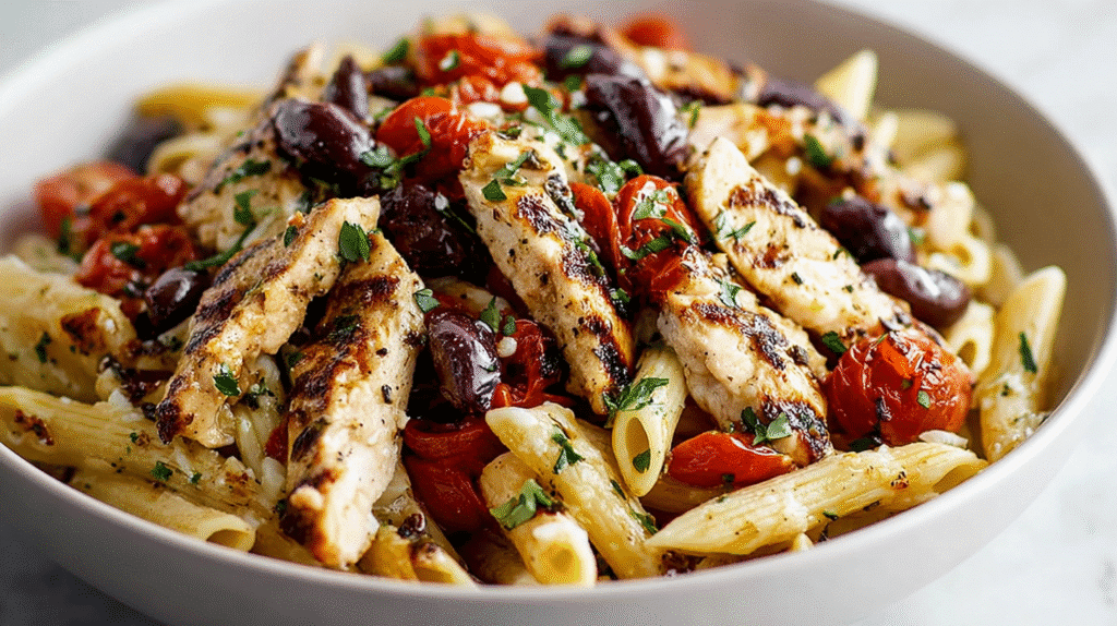 Mediterranean gluten free chicken pasta with olives, tomatoes, and herbs