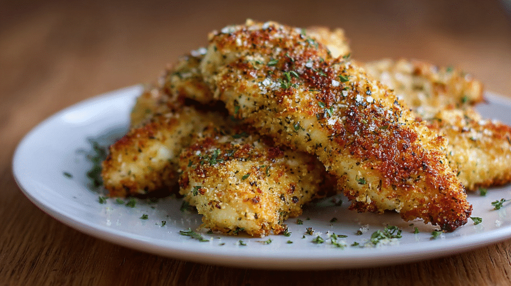 Crispy oven-baked chicken tenders coated in a golden herb breadcrumb mixture.