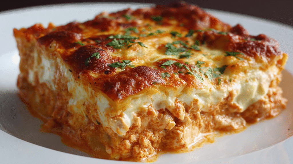 Gluten free chicken lasagna slice with tomato sauce, creamy cheese layers, and golden baked top