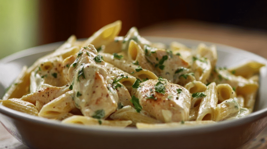 Creamy gluten free chicken penne pasta cooked in one pot with herbs