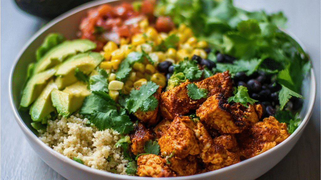 Chicken taco bowl with seasoned chicken, avocado slices, black beans, corn, cilantro, and lime over a grain base.