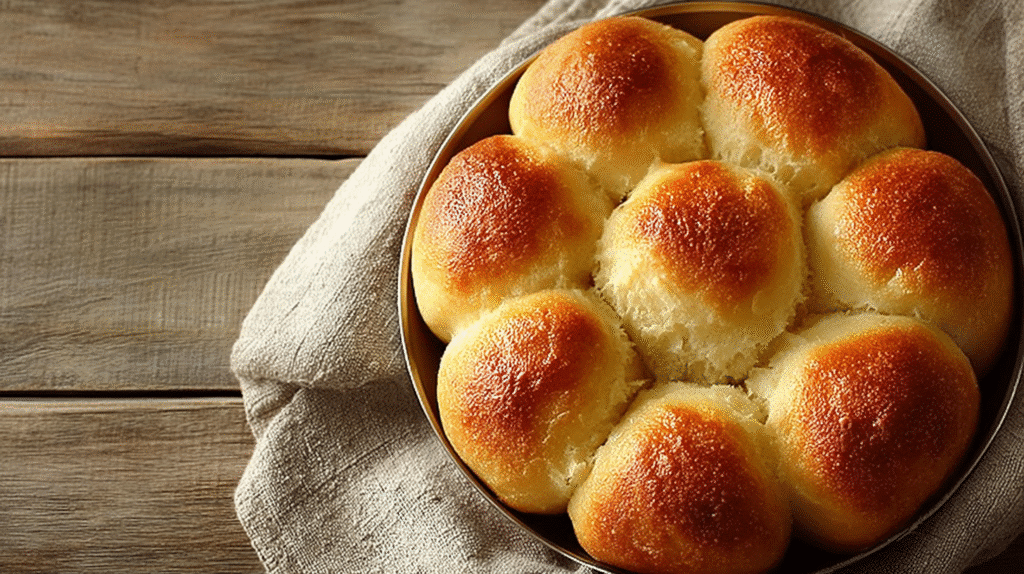 Gluten-free dinner rolls baked until golden brown in a round pan on a rustic wooden surface