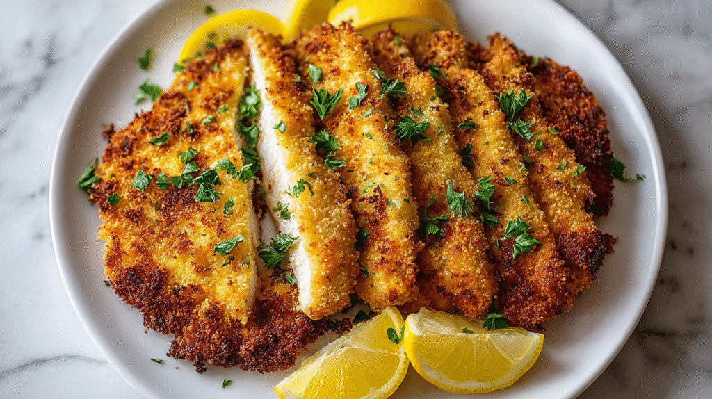 Crispy breaded chicken cutlet sliced and served with fresh parsley and lemon wedges on a white plate.