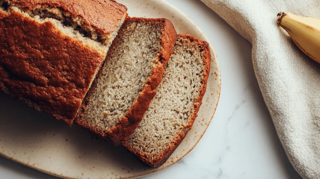 Gluten-free banana bread slices arranged on a white plate with a soft, tender crumb