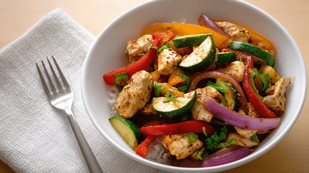 Colorful chicken stir fry with bell peppers, red onions, and zucchini in a white bowl.