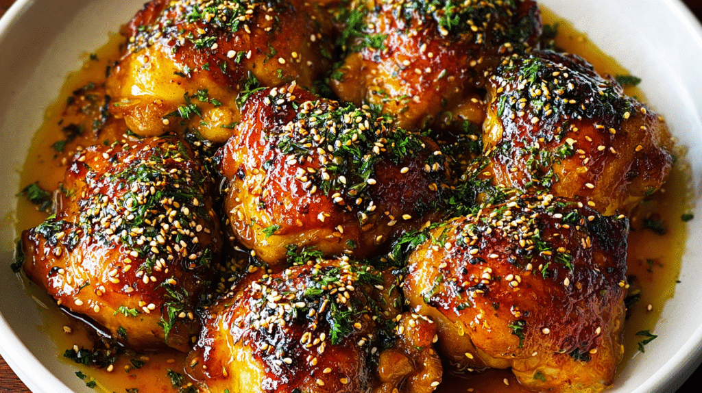 Glazed chicken thighs coated in a sticky sauce with sesame seeds and fresh herbs in a shallow pan.