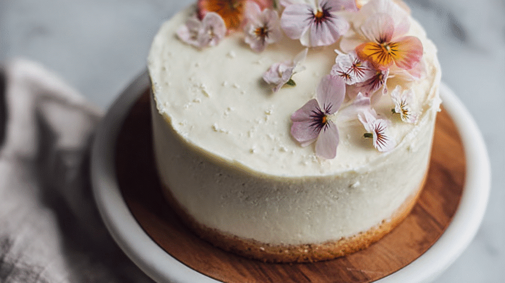 Gluten-free layer cake topped with white frosting and decorated with pastel edible flowers on a cake stand.