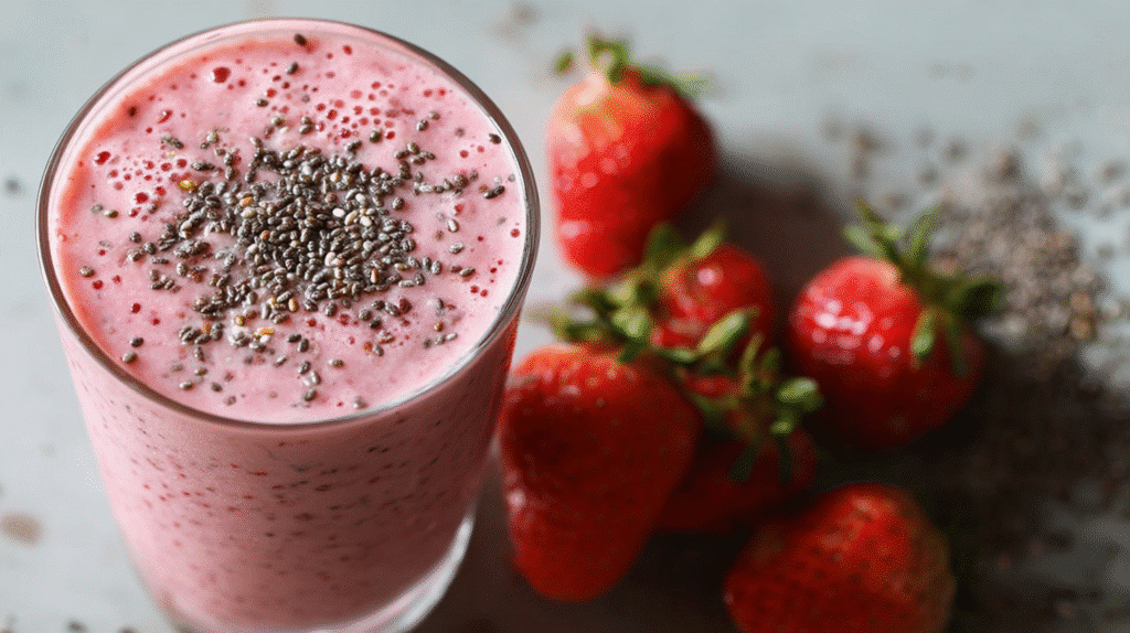 Strawberry chia smoothie in a glass topped with chia seeds