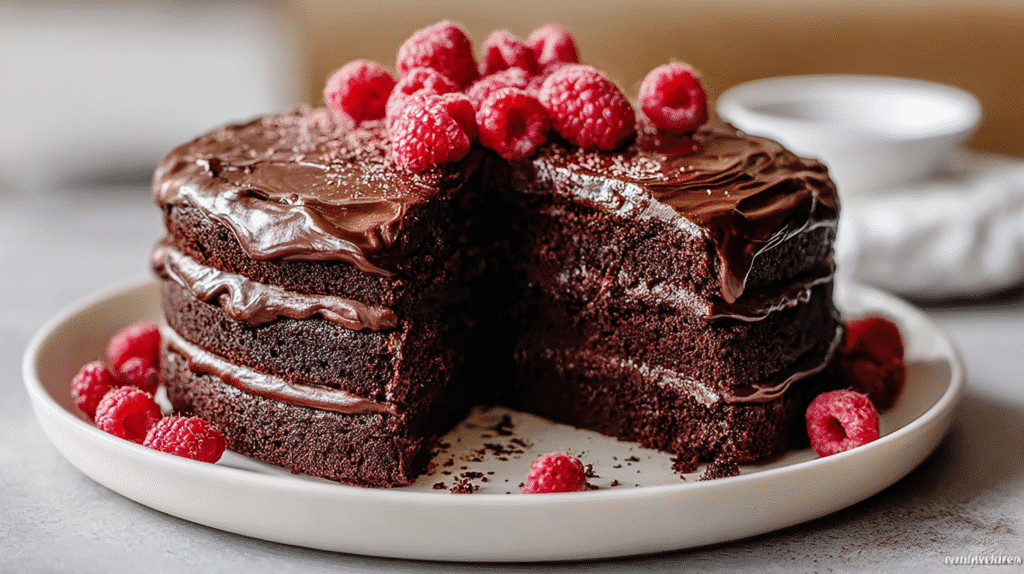 Three-layer gluten free chocolate cake with glossy chocolate ganache and fresh raspberries on top, with one slice removed.