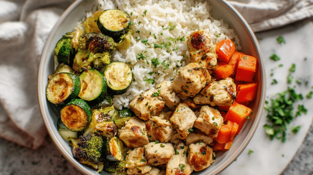 Grilled chicken bites served with white rice, sautéed zucchini, broccoli, and carrots in a bowl.