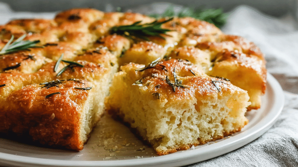 Gluten-free focaccia bread topped with rosemary and flaky sea salt on a white plate