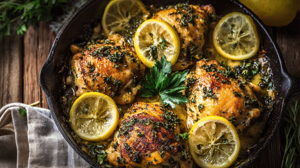 Lemon herb chicken thighs sizzling in a cast-iron skillet with fresh parsley and sliced lemons.