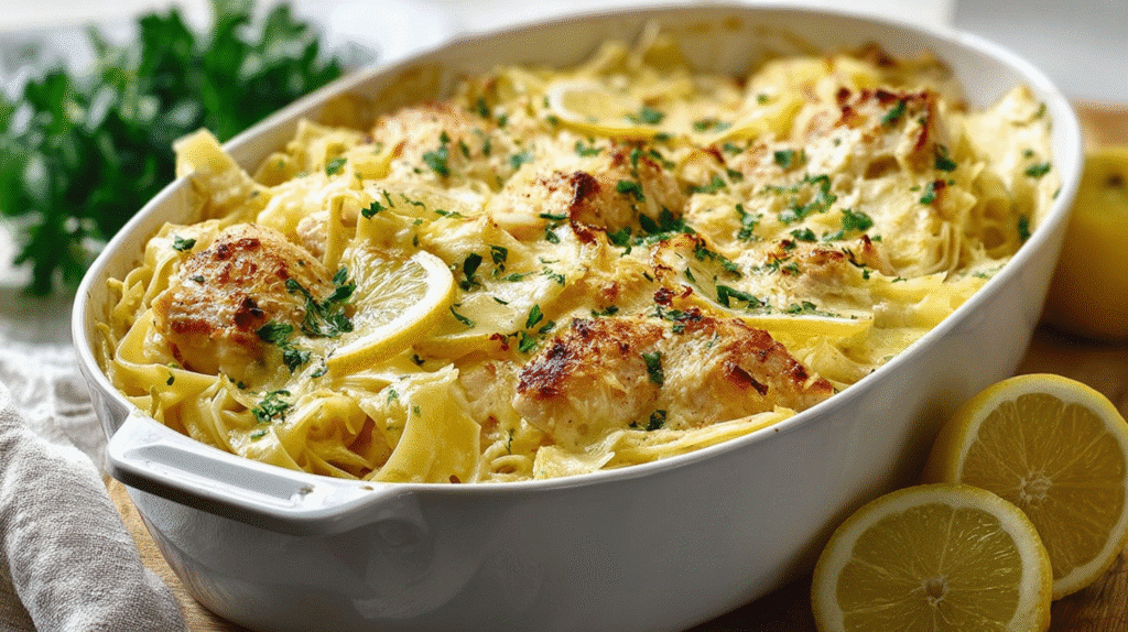 Lemon gluten free chicken pasta bake with creamy sauce and fresh herbs in a baking dish