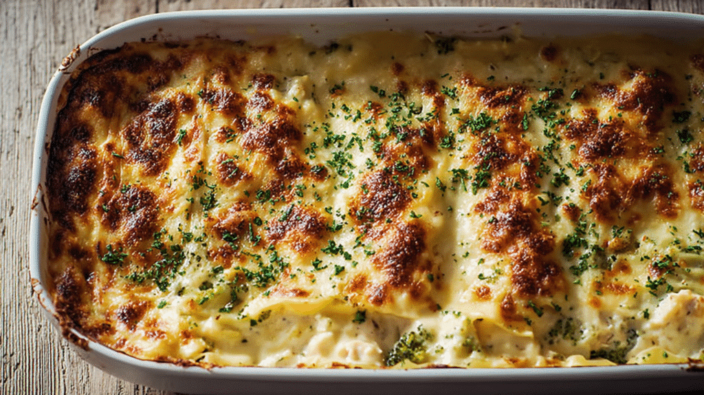 Baked gluten free chicken lasagna in a casserole dish with creamy sauce and golden melted cheese topping