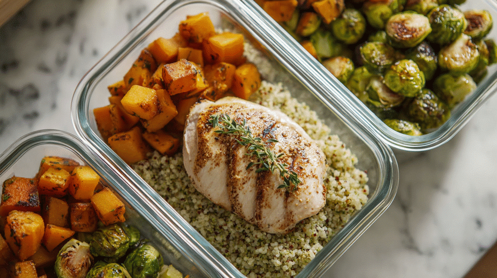 Chicken quinoa meal prep with roasted butternut squash, Brussels sprouts, and sliced chicken breast in glass containers