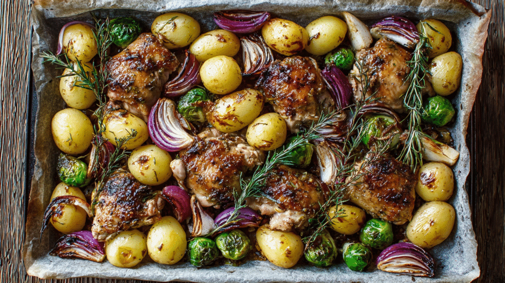 Sheet pan balsamic chicken thighs roasted with baby potatoes, Brussels sprouts, and red onions.
