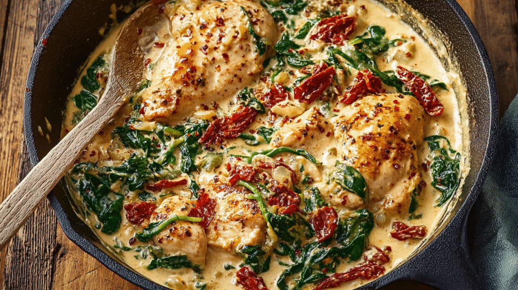 Skillet with golden seared chicken simmered in a creamy sauce with spinach, sun-dried tomatoes, onions, and herbs.