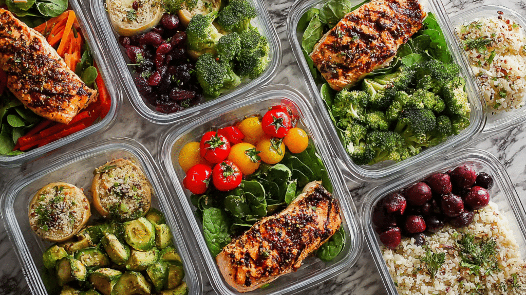 Healthy weight loss meal prep containers with salmon, quinoa, broccoli, fresh vegetables, oats, and berries arranged on a marble countertop