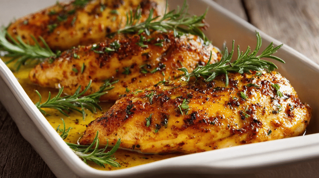 Baked chicken breasts coated in a golden honey mustard herb glaze with fresh rosemary.
