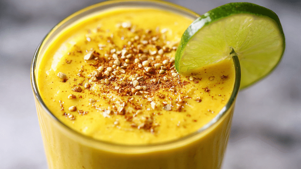 Mango ginger smoothie topped with spice and garnished with a fresh lime slice