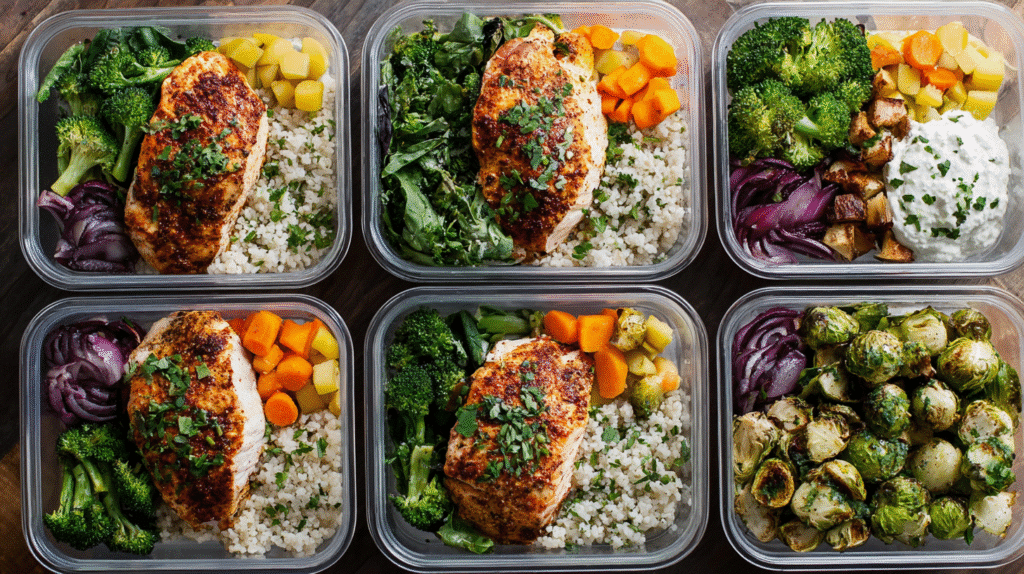 Chicken and quinoa meal prep containers with roasted vegetables, broccoli, carrots, beets, and herbs arranged on a marble surface