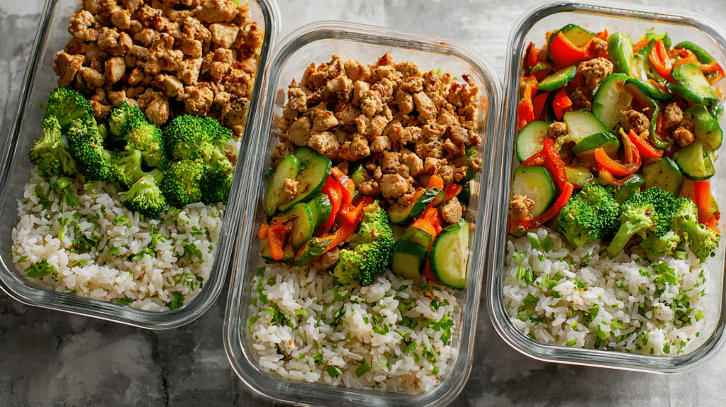 Ground turkey meal prep with brown rice, broccoli, zucchini, and mixed bell peppers in glass containers