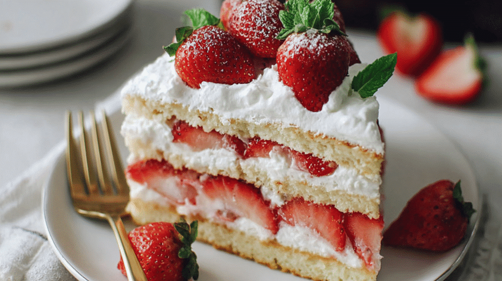 Slice of gluten free strawberry shortcake layered with whipped cream and fresh strawberries on a white plate.