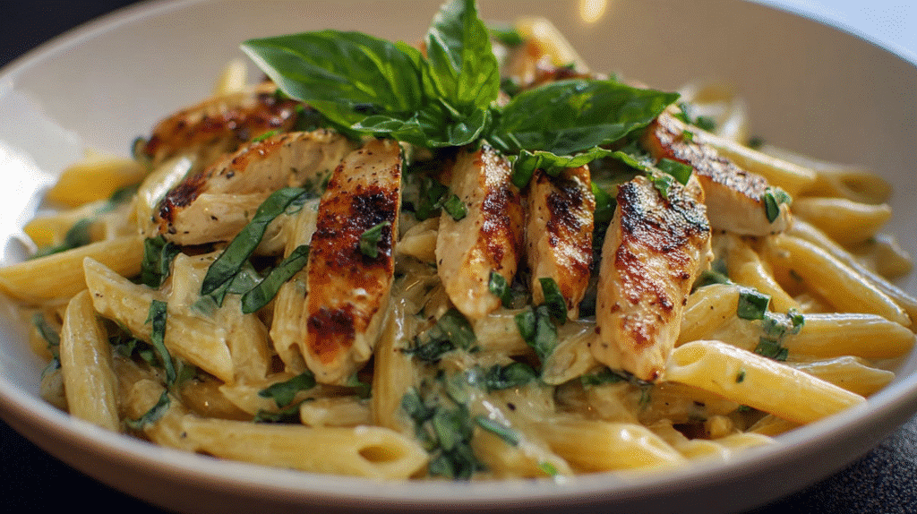 Gluten free basil chicken pasta with creamy sauce and penne noodles