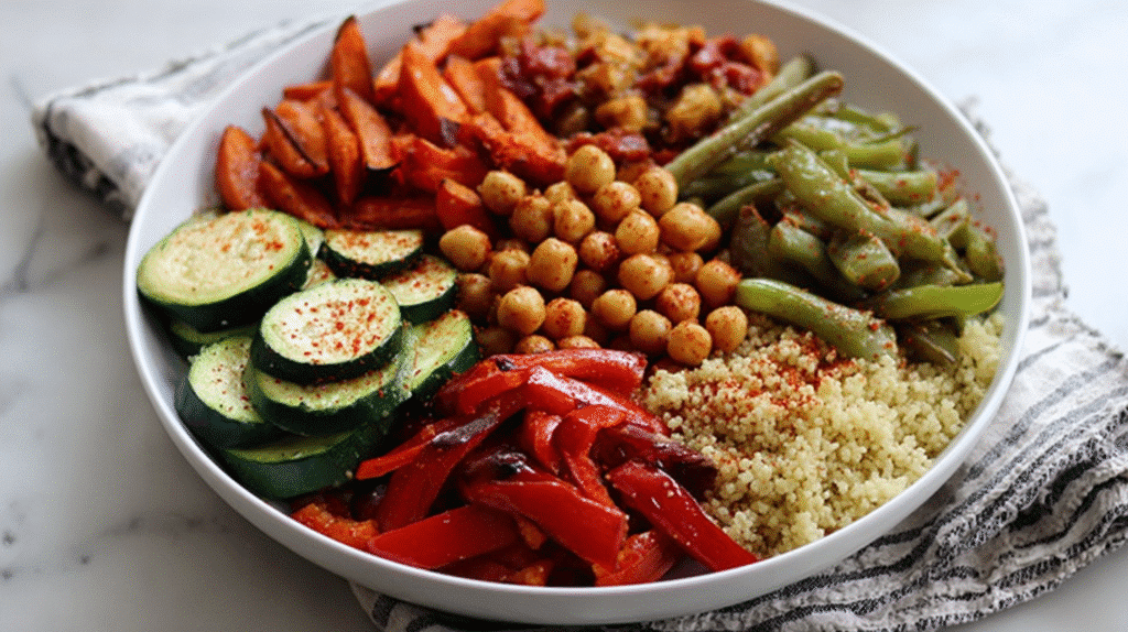 Quinoa bowl with roasted carrots, red bell peppers, zucchini, and chickpeas served on a white plate