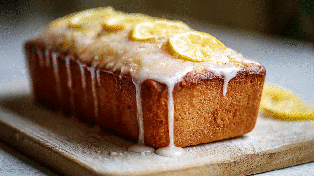 Gluten free lemon loaf cake topped with a glossy lemon glaze dripping down the sides.