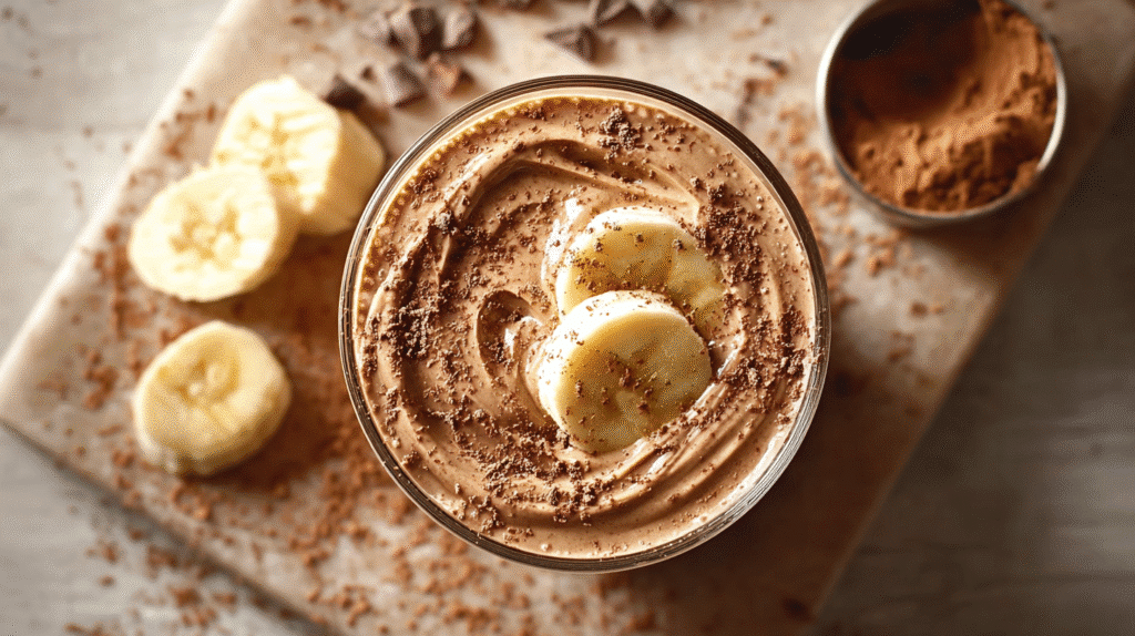Chocolate peanut butter smoothie topped with banana slices and cocoa powder
