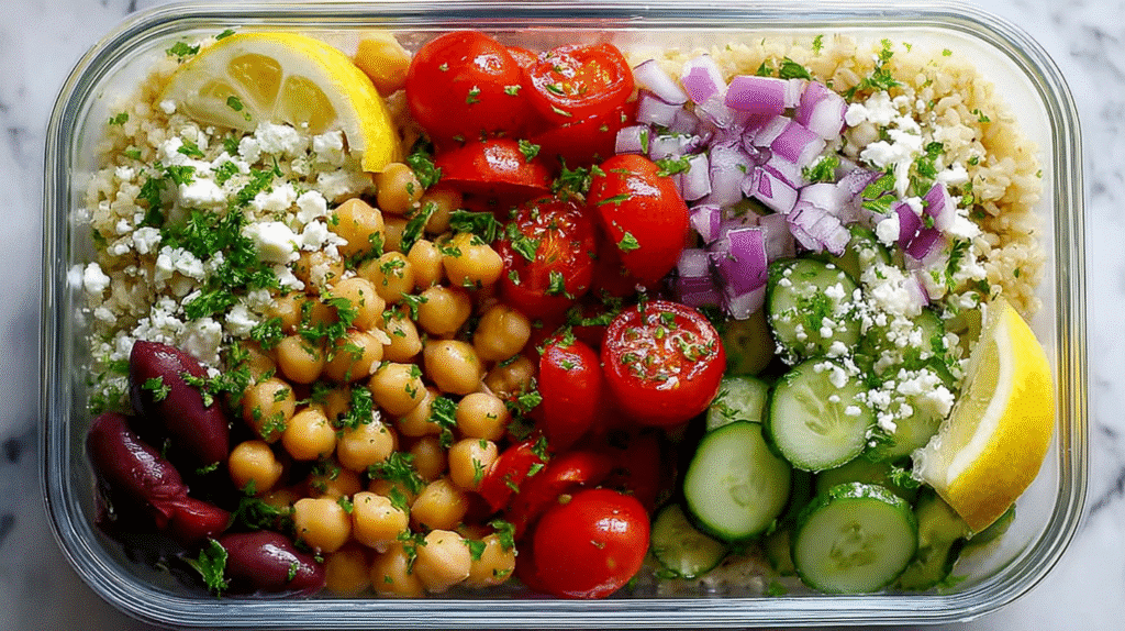 Mediterranean quinoa meal prep with chickpeas, cherry tomatoes, cucumber, red onion, olives, and lemon slices in a glass container
