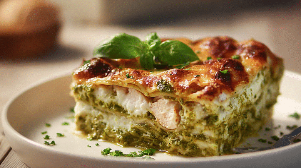 Gluten free chicken pesto lasagna slice with creamy layers, green basil pesto, and golden baked cheese
