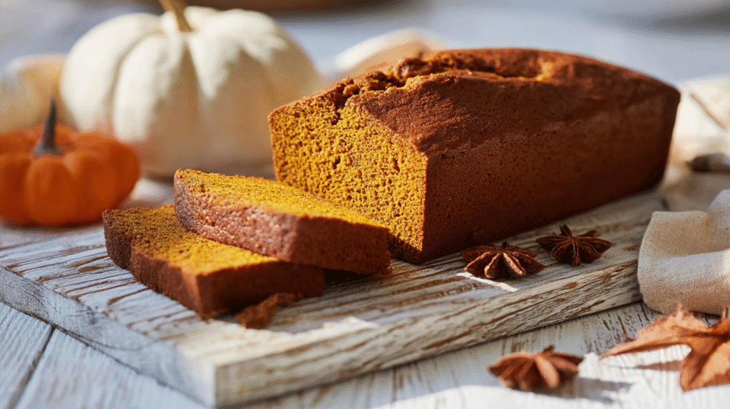 Gluten-free pumpkin bread loaf with warm spices, sliced on a rustic white board
