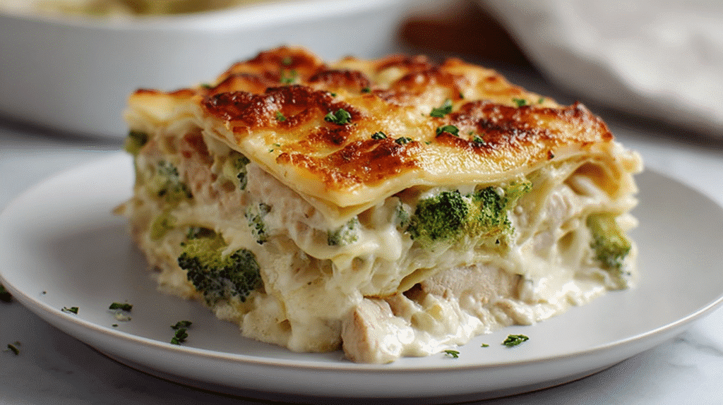 Gluten free chicken lasagna with broccoli, creamy white sauce, and golden baked cheese layers