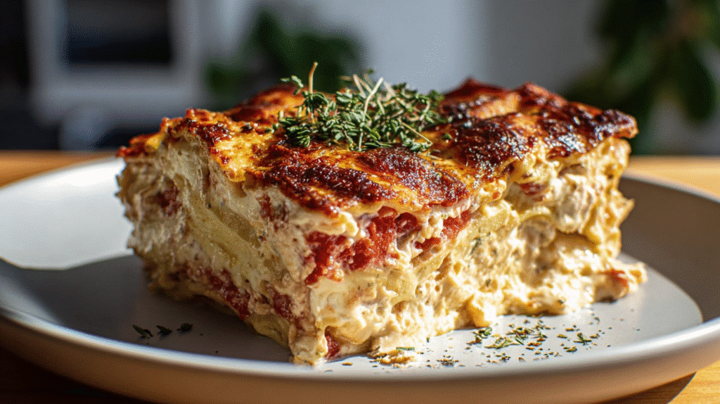 Gluten free chicken lasagna slice with creamy ricotta layers, melted cheese, and tomato sauce on a white plate