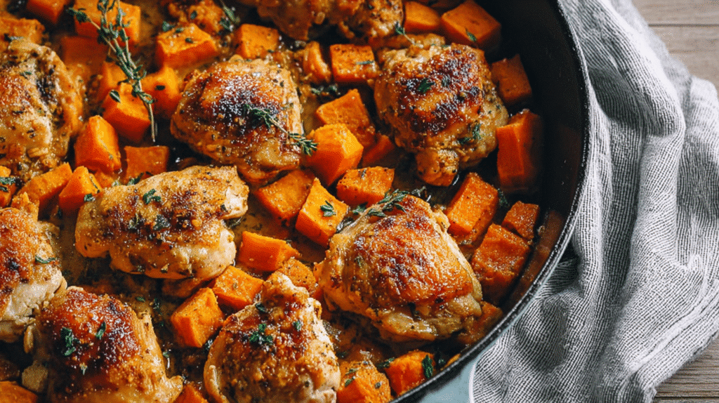 Skillet with roasted chicken thighs and cubed sweet potatoes seasoned with herbs.