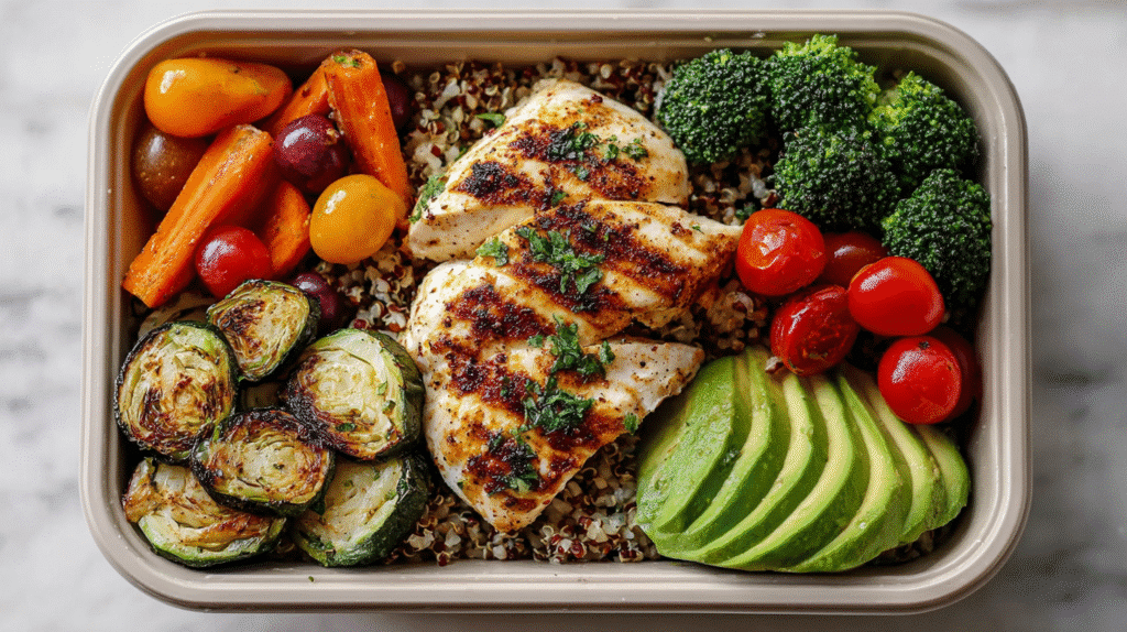 Grilled chicken meal prep bowl with quinoa, avocado slices, roasted broccoli, carrots, cherry tomatoes, and zucchini in a rectangular container