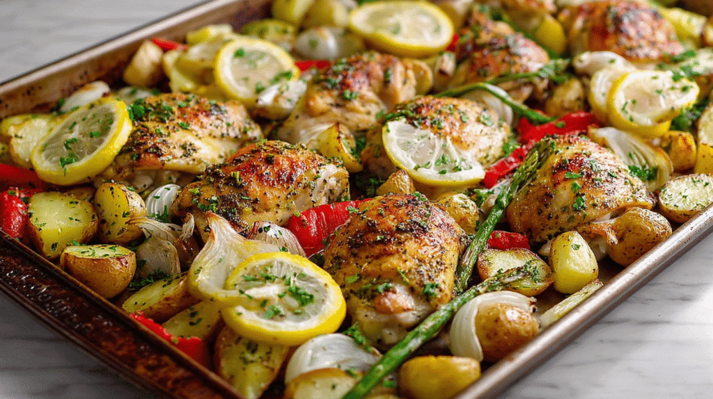 Sheet pan with roasted chicken thighs, baby potatoes, zucchini, red peppers, onions, and lemon slices topped with fresh herbs.