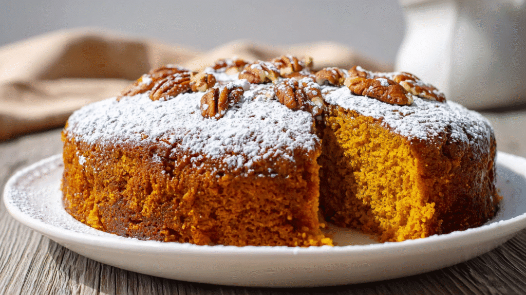 Gluten free pumpkin cake topped with powdered sugar and pecans on a white plate.