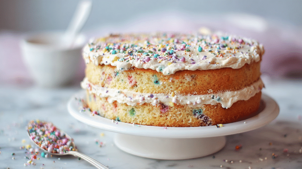 Gluten free funfetti cake with vanilla frosting and colorful sprinkles on a cake stand.