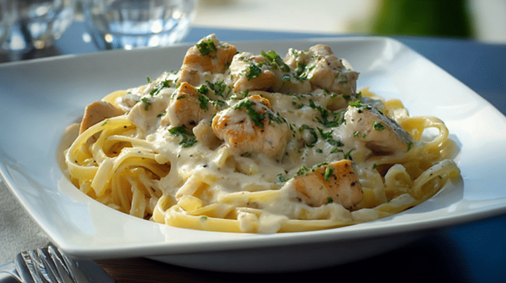 Creamy gluten free chicken pasta with tender chicken pieces and parsley on a white plate