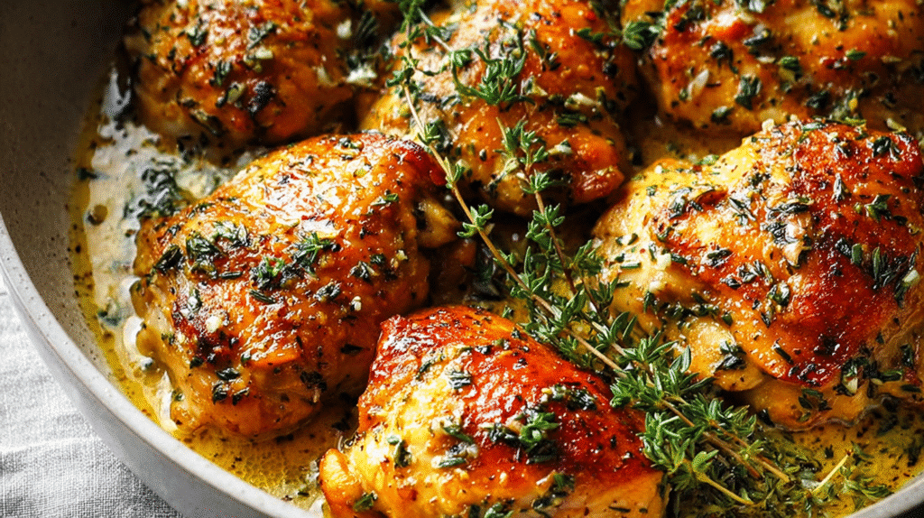 Golden garlic herb chicken thighs simmering in a buttery skillet with fresh thyme.