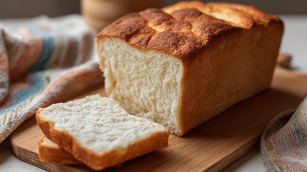 Sliced gluten-free sandwich bread on a wooden board with a soft, fluffy interior