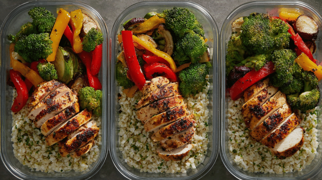 Grilled chicken breast with brown rice, roasted broccoli, and bell peppers packed into glass containers for weight loss meal prep