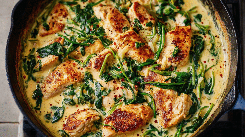 Creamy skillet chicken with wilted spinach in a rich garlic herb sauce.