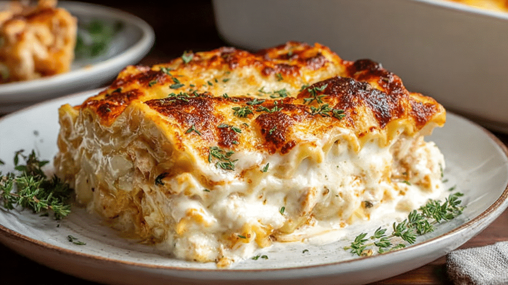 Gluten free chicken lasagna with creamy white sauce, layered gluten-free pasta, and golden melted cheese