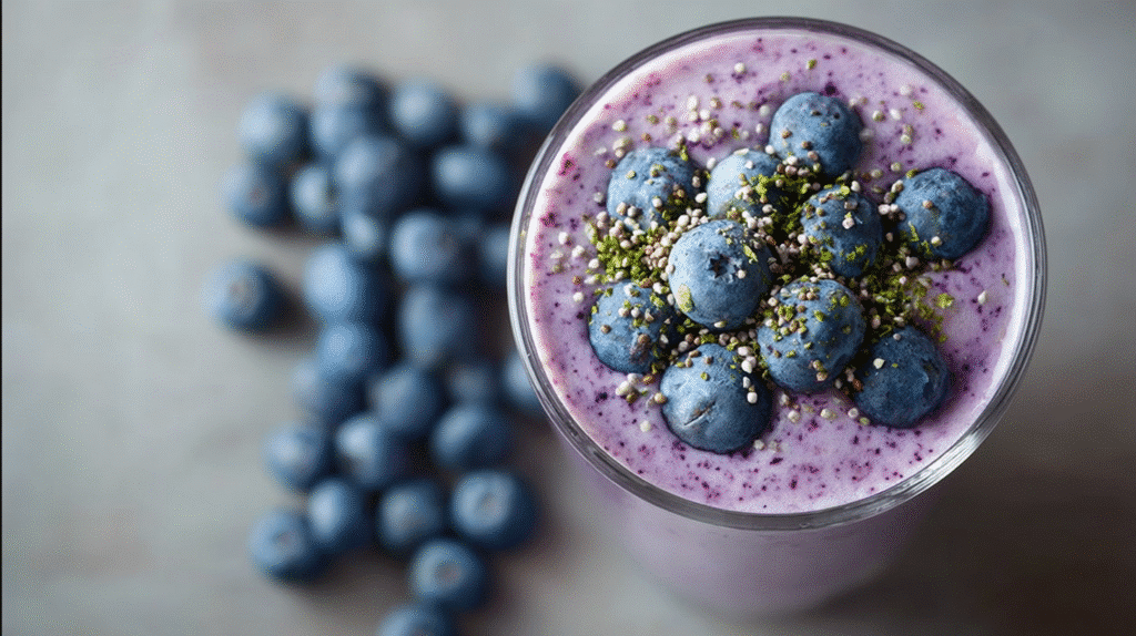 Blueberry yogurt smoothie topped with blueberries and mixed seeds