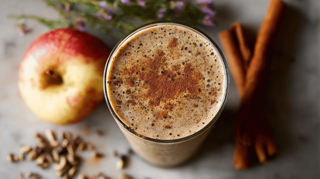 Apple cinnamon smoothie topped with spices and seeds in a glass