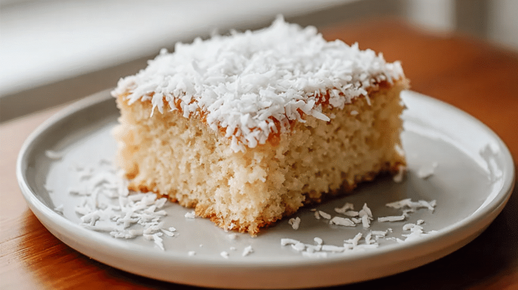 Slice of gluten free coconut cake topped with shredded coconut on a white plate.